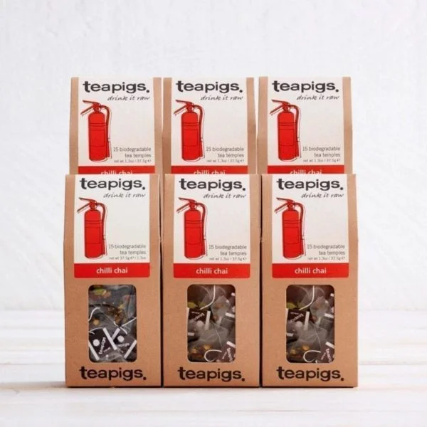 An image of six Tea Pigs chilli chai packaging.