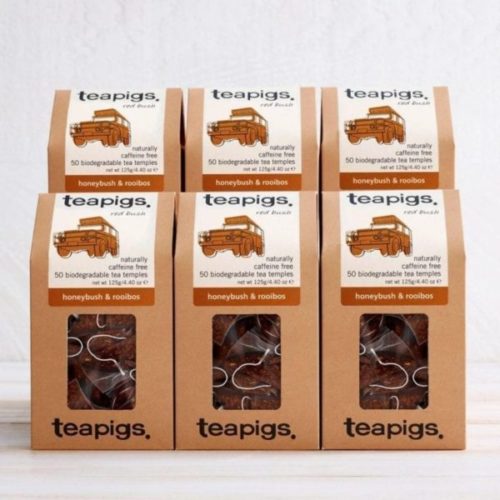 An image of six Tea Pigs honey and rooibos packaging.
