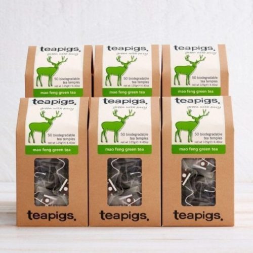 An image of six Tea Pigs mao feng green tea packaging.