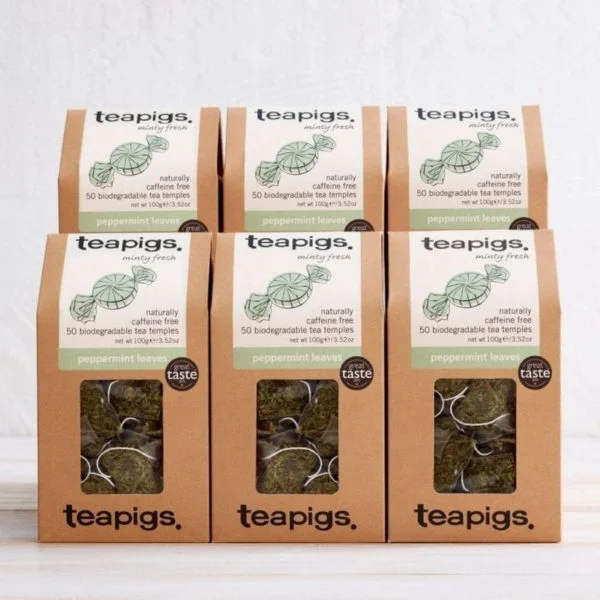 An image of six Tea Pigs peppermint leaves packaging.