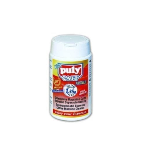 An image of the puly caff packaging of cleaning tablets.