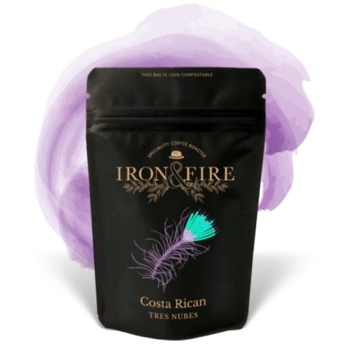 An image of Iron & Fire's packaging of Costa Rican Tres Nubes coffee beans.