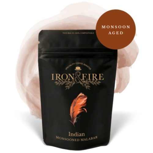 An image of Iron & Fire's packaging of Indian Monsooned Malabar coffee beans.