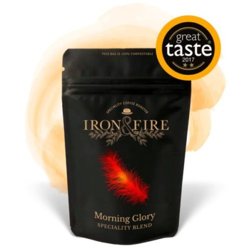 An image of Iron & Fire's packaging of Morning Glory Speciality Blend coffee beans with the great taste award of 2017.
