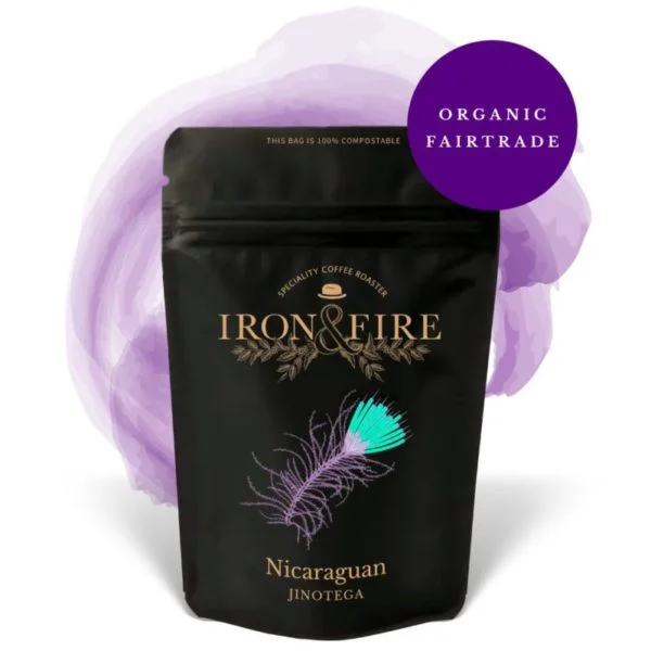 An image of Iron & Fire's packaging of Organic Fairtrade Nicaraguan Jinotega coffee beans.