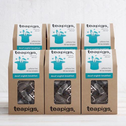 An image of teapigs decaf tea in a case of 6 bog packs.