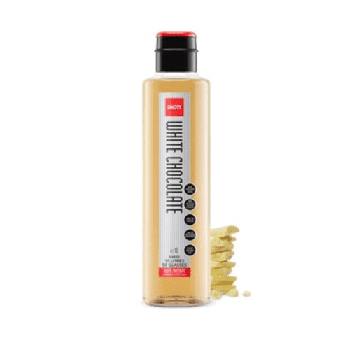 An image of the shott white chocolate syrup bottle. Clear bottle with a grey/red label.